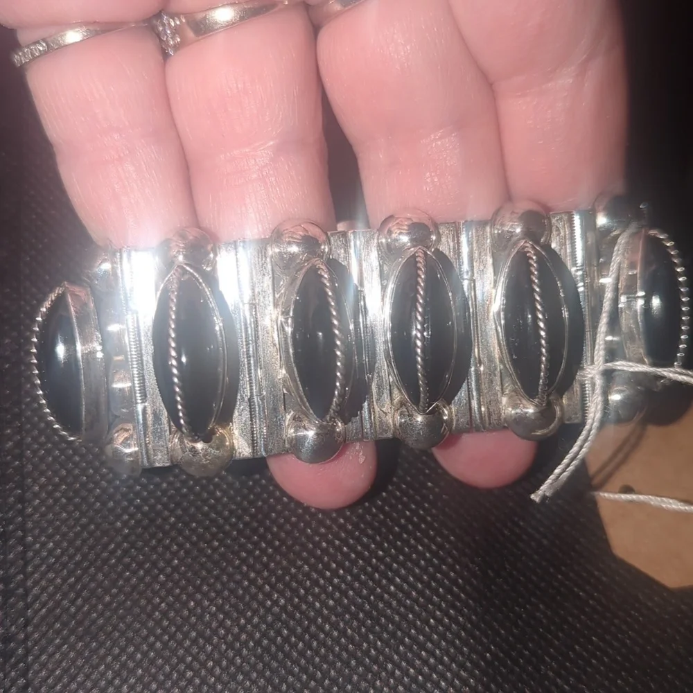 CHUNKY Vintage Mexican Sterling & Onyx Bracelet 1940s Brutalist